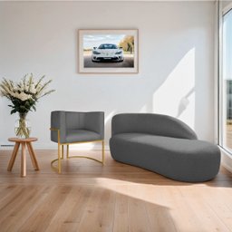 Kit Divã Luna 160cm Lado Direito e 01 Poltrona Base de Ferro Dourado Linho Adj Decor Cinza Escuro - 2