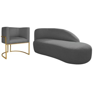 Kit Divã Luna 160cm Lado Direito e 01 Poltrona Base de Ferro Dourado Linho Adj Decor Cinza Escuro