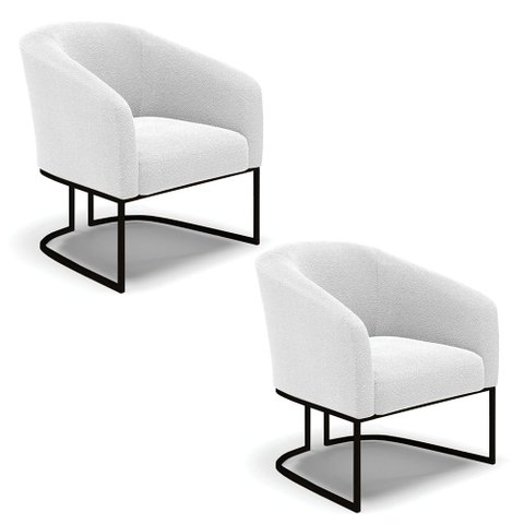 Kit 2 Poltronas Stella Bouclê Base Metálica Industrial Preto - D'Rossi Off White