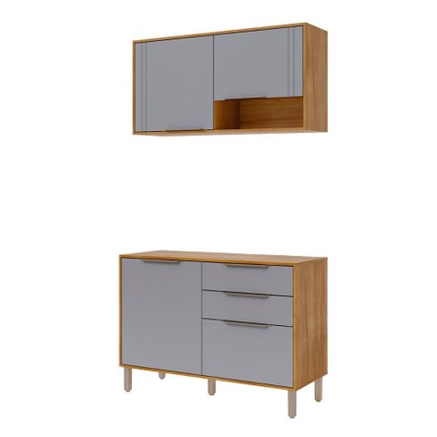 Balcão com Aéreo Aurea 120 Cm com 4 Portas Cinamomo/platina