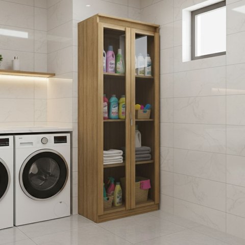 Armário Multiuso 60x160,5cm 2 Portas de Vidro 4 Nichos Amêndoa Am3111