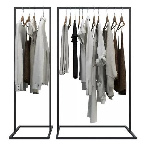 Araras Chão Industrial Elegante P/ Quarto Pequeno 02 Peças Technox Preto