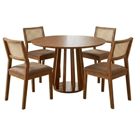 Mesa de Jantar Redonda Pitanga com 4 Cadeiras Estofadas Tamarindo Corino Kaki Natuem