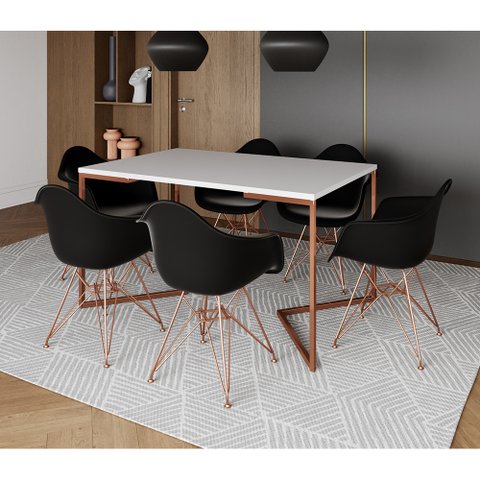 Mesa Jantar Industrial Retangular Branca 137x90cm Base V Cobre com 6 Poltronas Pretas Eames Eiffel B