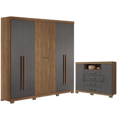 Guarda Roupa Casal Ripado 6 Portas Buriti com Pés e Cômoda Havana Master com Pés Jatobá Grafite