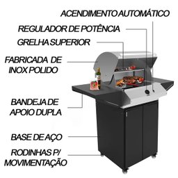 Churrasqueira Americana a Gás Natural com Grelha Dupla em Aço Inox Acendimento Bivolt Saro Preto - 4