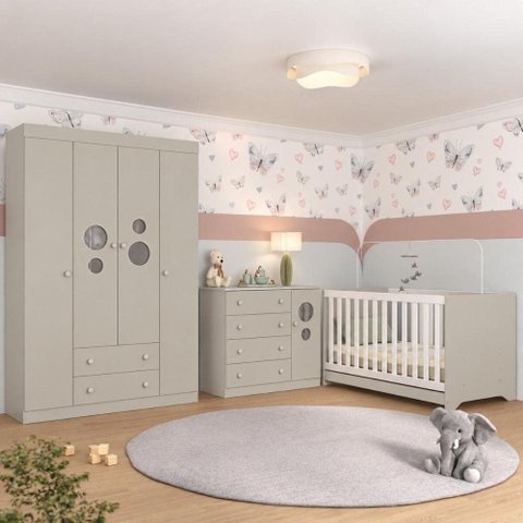 Quarto de Bebê Completo com Berço Americano 3 em 1 com Colchão Pirulito Multimóveis MP4629 Off White