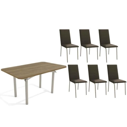 Conjunto: Mesa Sala Jantar Elba C/ Tampo de Madeira 160cm e 6 Cadeiras Amsterdã Niquel/nogueira -