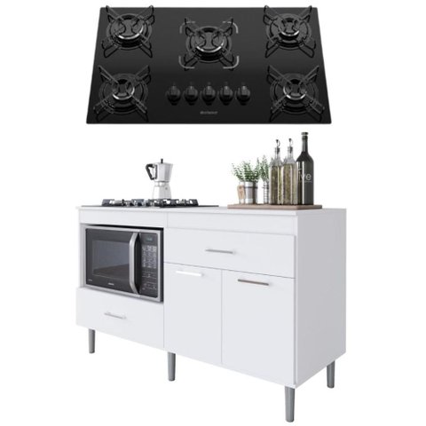 Conjunto Balcão de Cozinha 1,40m Turim com Cooktop 5 Bocas Essencial 2 Portas 2 Gavetas Branco