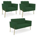 Ver imagem 1 de Sofá Namoradeira e 2 Poltronas Pé de Ferro Dourado Elisa Veludo Verde D03 - D'Rossi