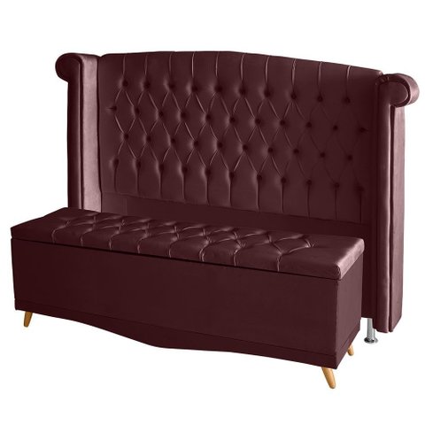 Kit de Quarto Cabeceira de Cama Box e Calçadeira Baú Toquio Casal 140 Cm Suede Bordo Eli Móveis e de
