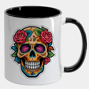 Caneca Branca com Interna Preta Y5 Caveira Mexicana Flores Amarelo