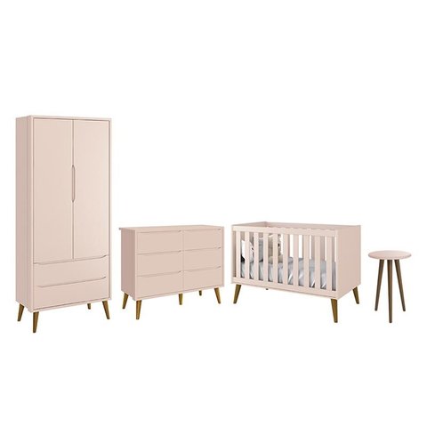 Dormitório Completo Infantil Theo 2 Portas, Cômoda 6 Gavetas, Berço e Mesa de Canto Rosa Fosco com P