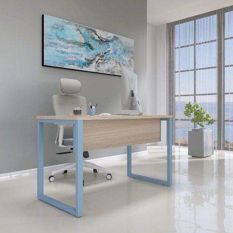 Escrivaninha Mesa Escritório X 150cm Industrial Castanheira e Azul Dali Cinza