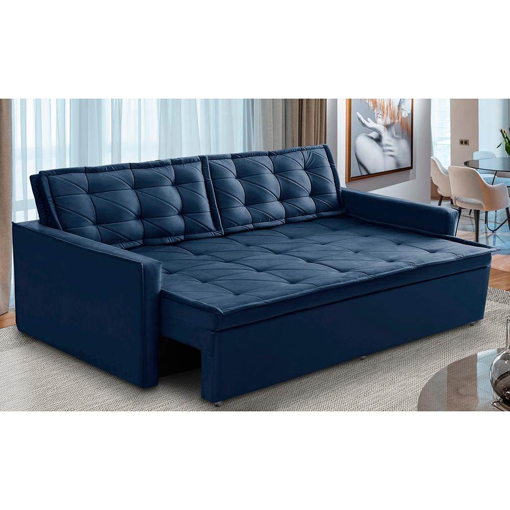 Sofá Cama Retrátil e Reclinável 1,90m com Molas Luara Suede Azul Adonai Estofados