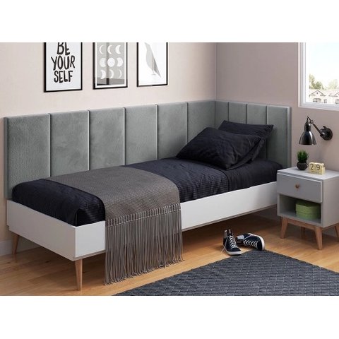 Conjunto Cabeceira Painel Estofada para Cama de Solteiro - Cinza