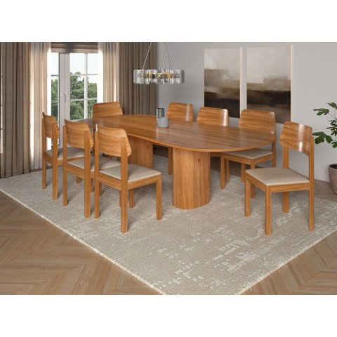 Sala de Jantar Montreal 220cm com 8 Cadeiras Madeira Maciça Istambul Linho Cru