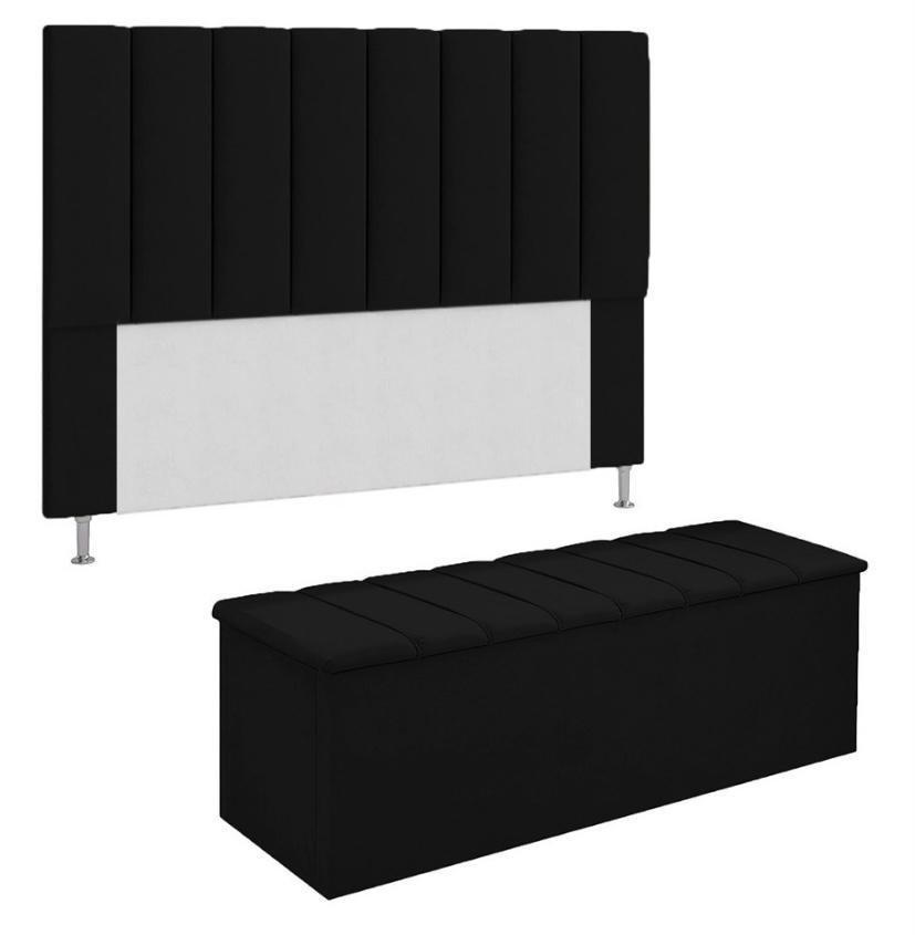 Kit Cabeceira Calçadeira Baú Cancum 195 Cm Suede Preto - Fm - 1