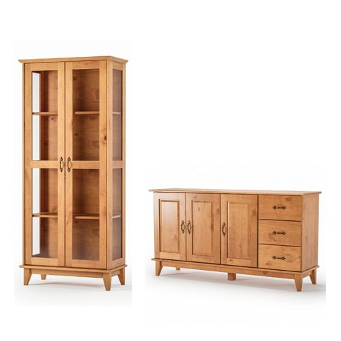 Kit Cristaleira Slim Bella 2 Portas 1240 e Buffet Aparador Madeira Maciça 3 Portas 3 Gav. Móveis Mpo