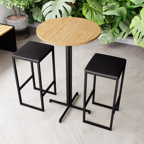 Conjunto Mesa Alta Bar Bistrô Redonda Pinus 2 Bancos Estofado Don Castro Decor