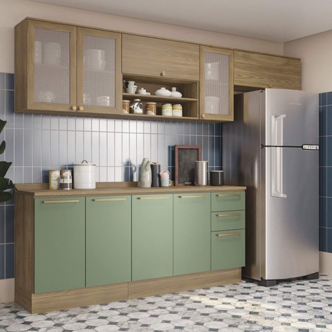 Armário de Cozinha Modulada Completa Reta 7 Peças 2,80m Botanic Kappesberg - Nogueira/verde Oliva