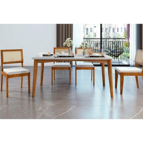 Sala de Jantar Completa Monalisa C/ Tampo Madeirado C/ Vidro 160cm+ 4 Cadeiras Rainha Natural -