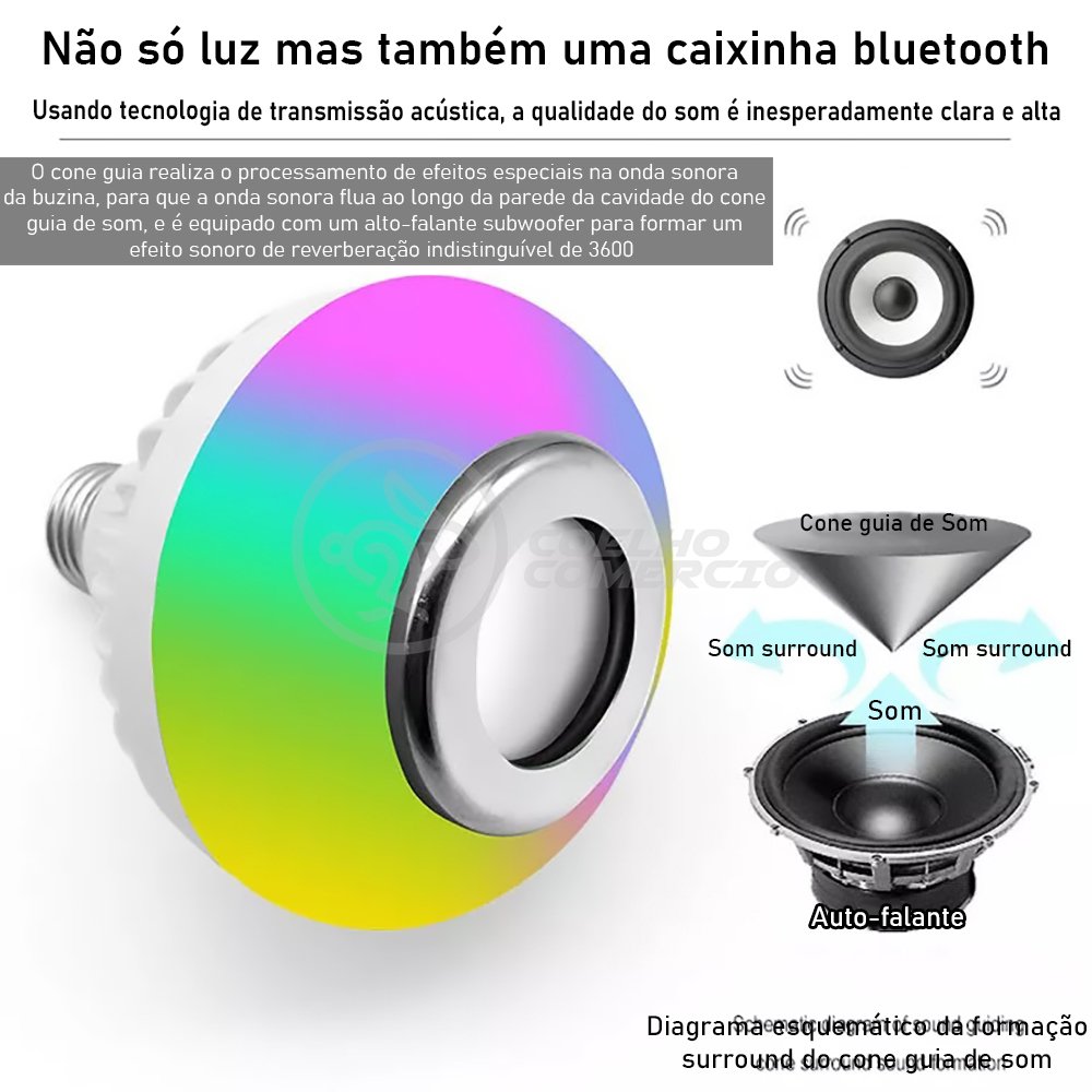 Lâmpada Led 12w E27 Rgb Colorida com Caixa de Som Bluetooth e Controle Remoto - 1