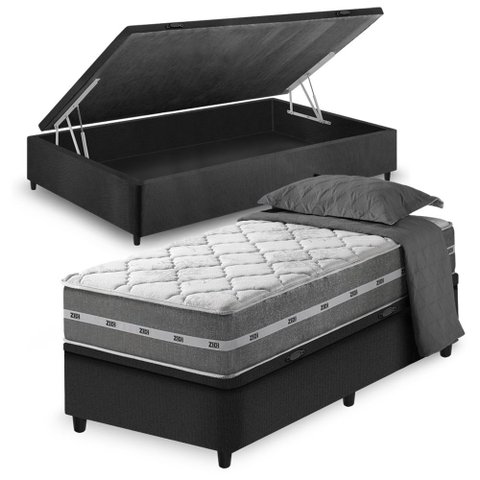 Cama Box Baú Solteiro King Preto + Colchão Molas Ensacadas Zidi Miami 96x203x64cm