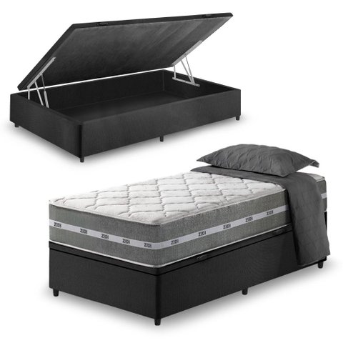 Cama Box com Baú Solteiro King Preto + Colchão Molas Ensacadas Miami 96x203x64cm
