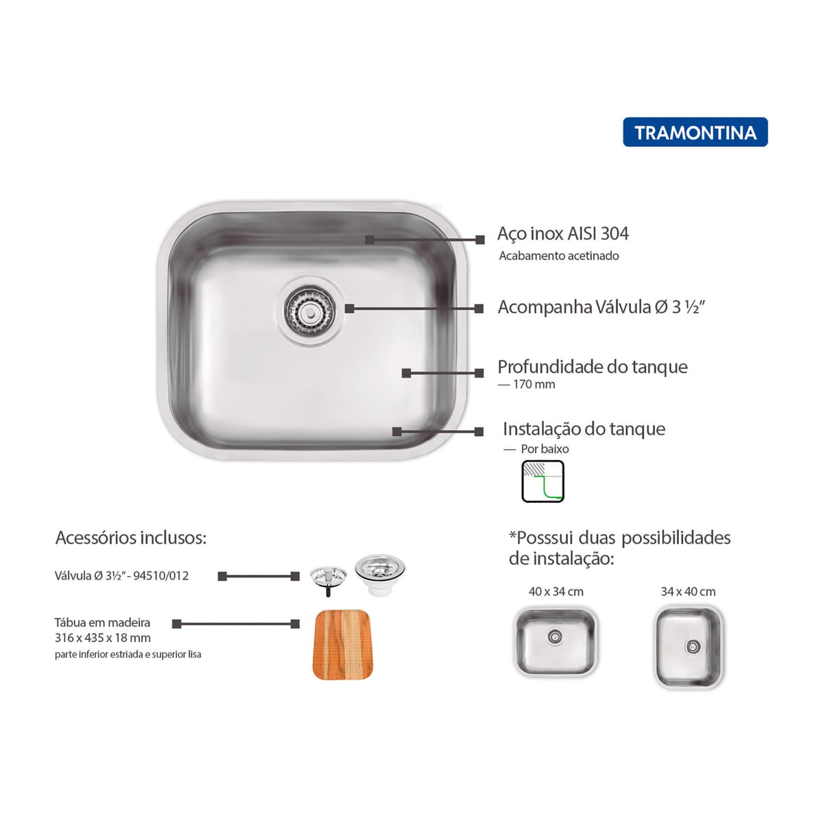 Tanque de Embutir Tramontina Compact 20 Litros em Aço Inox Acetinado 40 x 34 cm - 4