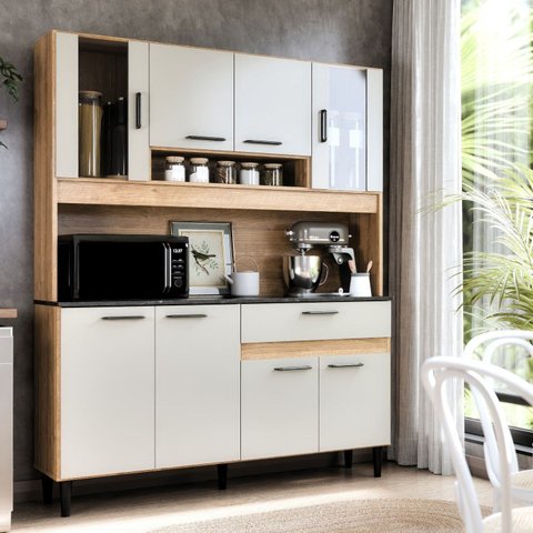 Armario de Cozinha 120cm Balcão e Aéreo Ripado 8 Portas Gaveta Grande com Porta de Vidro Coral