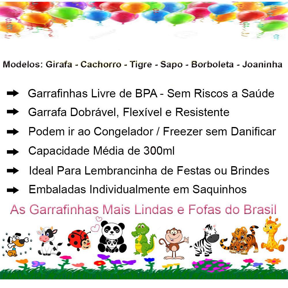 Kit Festa 12 Squeeze Bichinhos Garrafinha Dobrável Mosquetão - 2