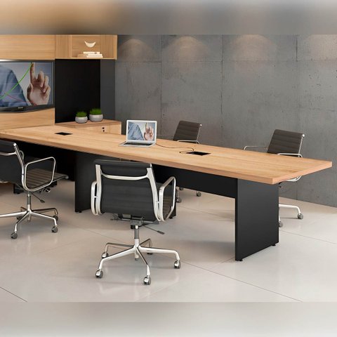 Mesa de Reunião 3,20m X 1,20m Corporativa C/ 2 Caixas de Tomada Cor:carvalho Treviso com Preto