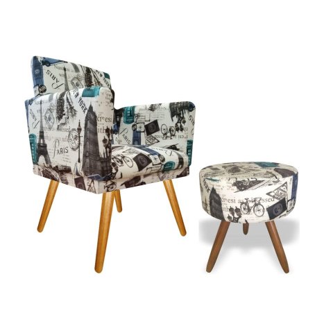 Kit Poltrona Decorativa Bia + Puff Redondo Suede Paris Azul Pés Madeira Mz Decor