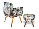 Ver imagem 1 de Kit Poltrona Decorativa Bia + Puff Redondo Suede Paris Azul Pés Madeira Mz Decor