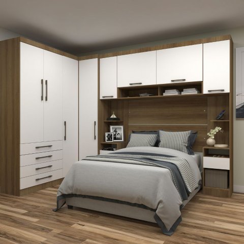 Quarto Modulado Casal de Canto 6 Peças 8 Portas 4 Gavetas Paris Luciane