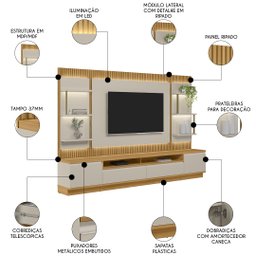 Painel para Tv 70 Pol com Rack Bancada 297cm Real L06 Tauari/off White - Mpozenato - 3