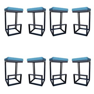 Kit 08 Banquetas Londres Base de Ferro Sued Azul Tiffany - D'classe Decor