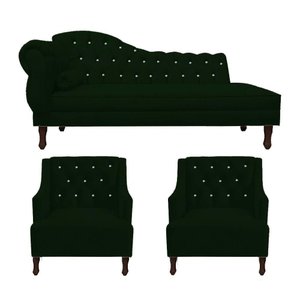 Kit Divã Cancun 140cm Braço Direito + 2 Poltronas Genesis com Strass Suede: Verde