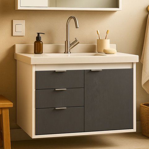 Gabinete para Banheiro Unik 80cm com Pia Lavatorio Suspenso Fimap Montado Branco Grafite