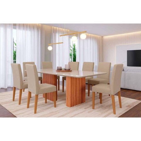 Conjunto: Mesa Sala Jantar Ester Tampo Madeirado C/ Vidro 210x100cm e 8 Cadeiras Maia Cinamomo/off