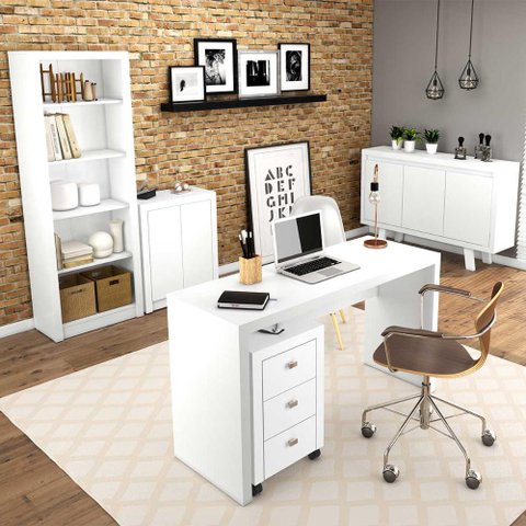 Kit Escritório Completo com Mesa Gaveteiro Balcão e Estante Cor:branco