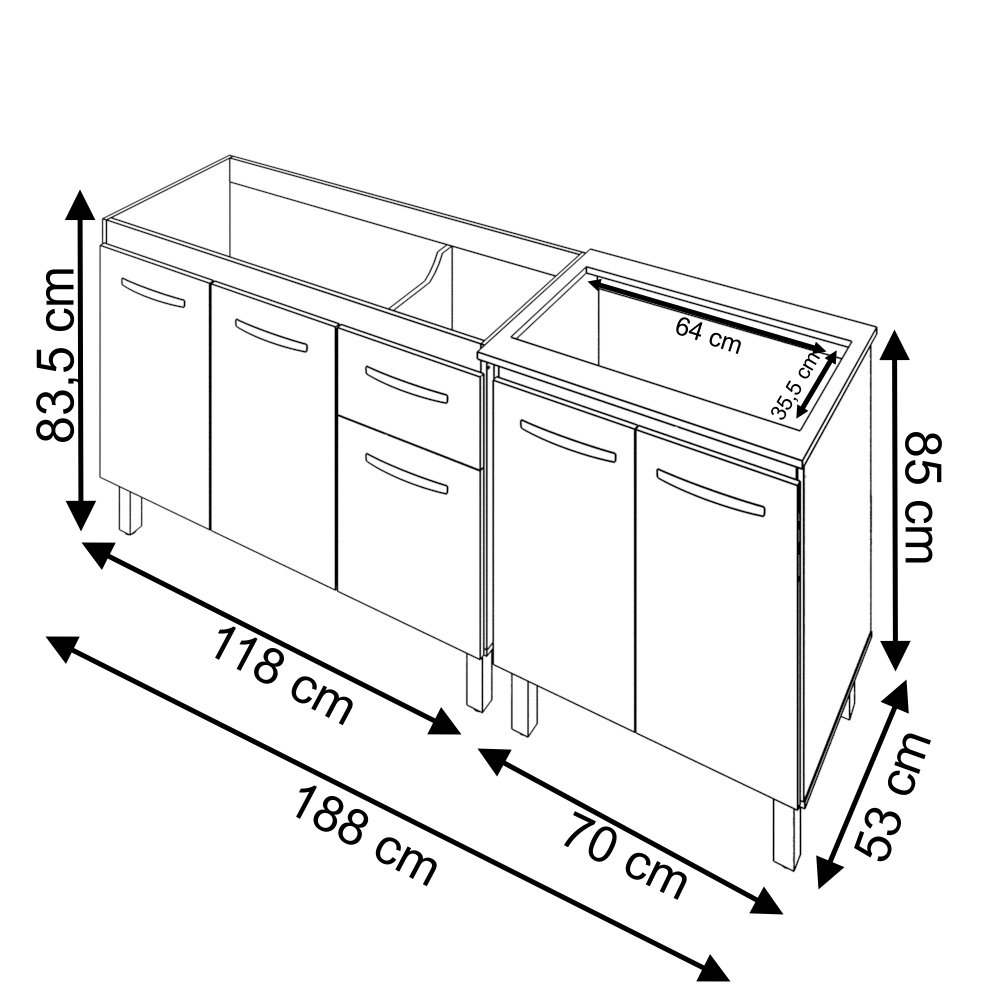 Armário Cozinha Gabinete Pia de 120 Cm Aline e Balcão Fran para Cooktop 5 Bocas Savana Preto - 6