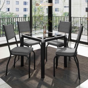 Conjunto Mesa de Jantar com 4 Cadeiras 258 Malva Tampo Vidro Incolor 75cm Sf Preto Assento Platina -