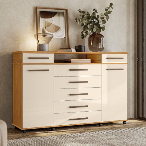 Cômoda Sapateira Casal com Rodízios 2 Portas 7 Gavetas London Cinamon Touch Off White Demóbile