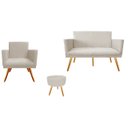 Ver imagem 1 de Kit Namoradeira + 1 Poltrona Decorativa Nina + Puff Redondo Suede Bege Pés Madeira Ms Decor