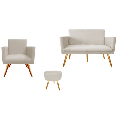 Kit Namoradeira + 1 Poltrona Decorativa Nina + Puff Redondo Suede Bege Pés Madeira Ms Decor