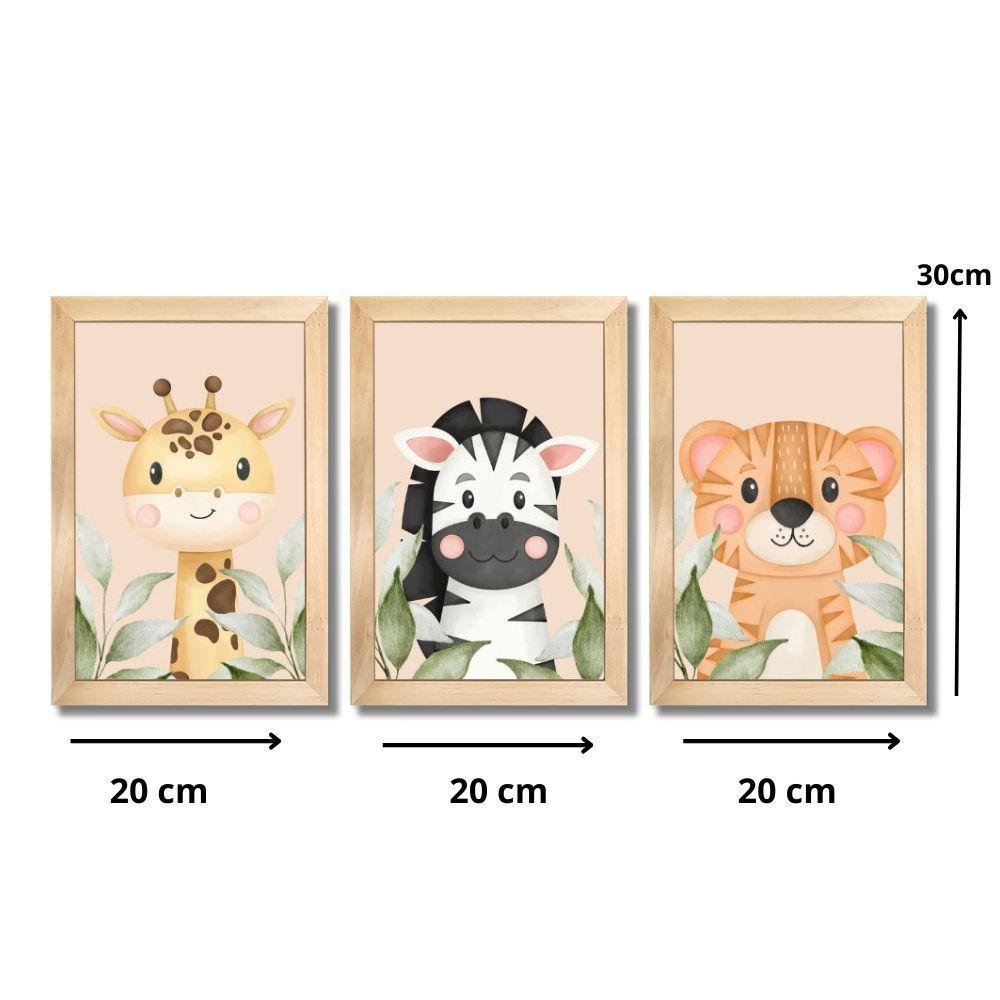 Kit Quadros Infantil Safari Aquarela 20x30 3 Peças Titulos Moldura Preta - 6