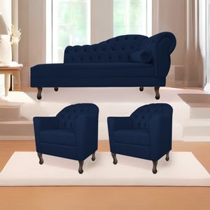 Kit Diva Recamier Juliana 160cm Lado Esquerdo e 02 Poltronas Julia Suede Azul Marinho - Amarena