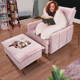 Poltrona Para Leitura Reclinável Com Puff Veludo Rose Polonia Shop JM - 1